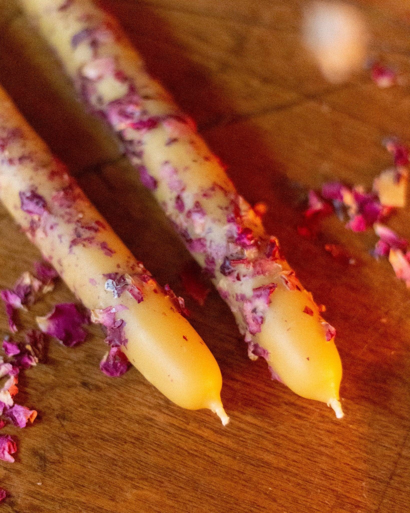 Hand Dipped Beeswax Taper Candle with Rose Petals
